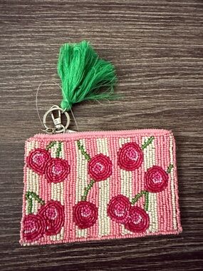 NWT Beaded Cherries Zipper Pouch